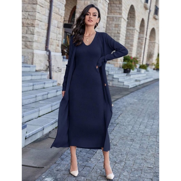 2 Piece Set: Knit Midi Pencil Dress and Long Cardigan Button Through - Picture 2 of 14